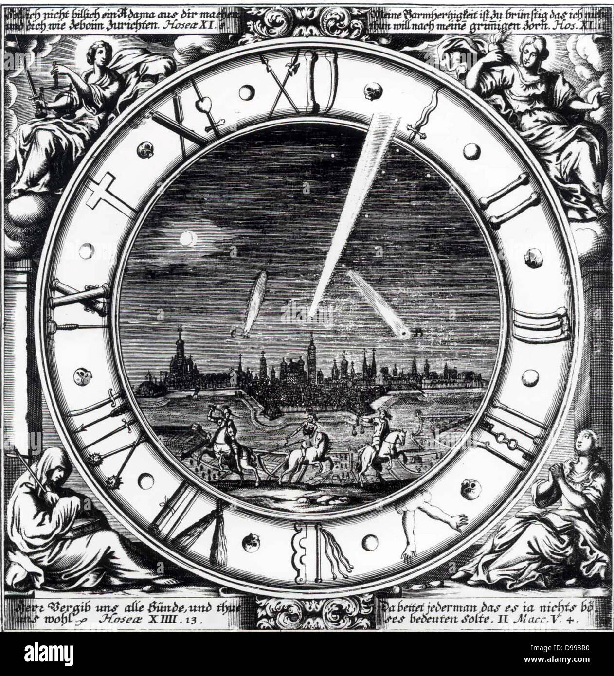 Illustrazione che mostra una vista della città di Augsburg, Germania con le comete di 1680, 1682 e 1683 nel cielo Foto Stock