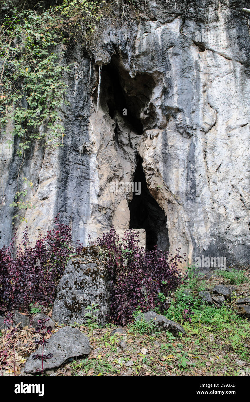 VIENG XAI, Laos - le grotte Pathet Lao di Vieng Xai sono nascoste all'interno di spettacolari formazioni carsiche di pietra nella provincia di Houaphanh nel nord-est del Laos. Queste grotte naturali servirono come quartier generale e rifugio per la leadership di Pathet Lao durante la guerra del Vietnam, fornendo protezione dalle campagne di bombardamento americane che colpirono la regione. Il Pathet Lao, ufficialmente noto come Esercito Popolare di Liberazione del Laos, era il movimento politico comunista e l'organizzazione che alla fine ottenne il controllo del Laos nel 1975. Il complesso di grotte di Vieng Xai divenne una roccaforte cruciale per le operazioni del movimento Foto Stock