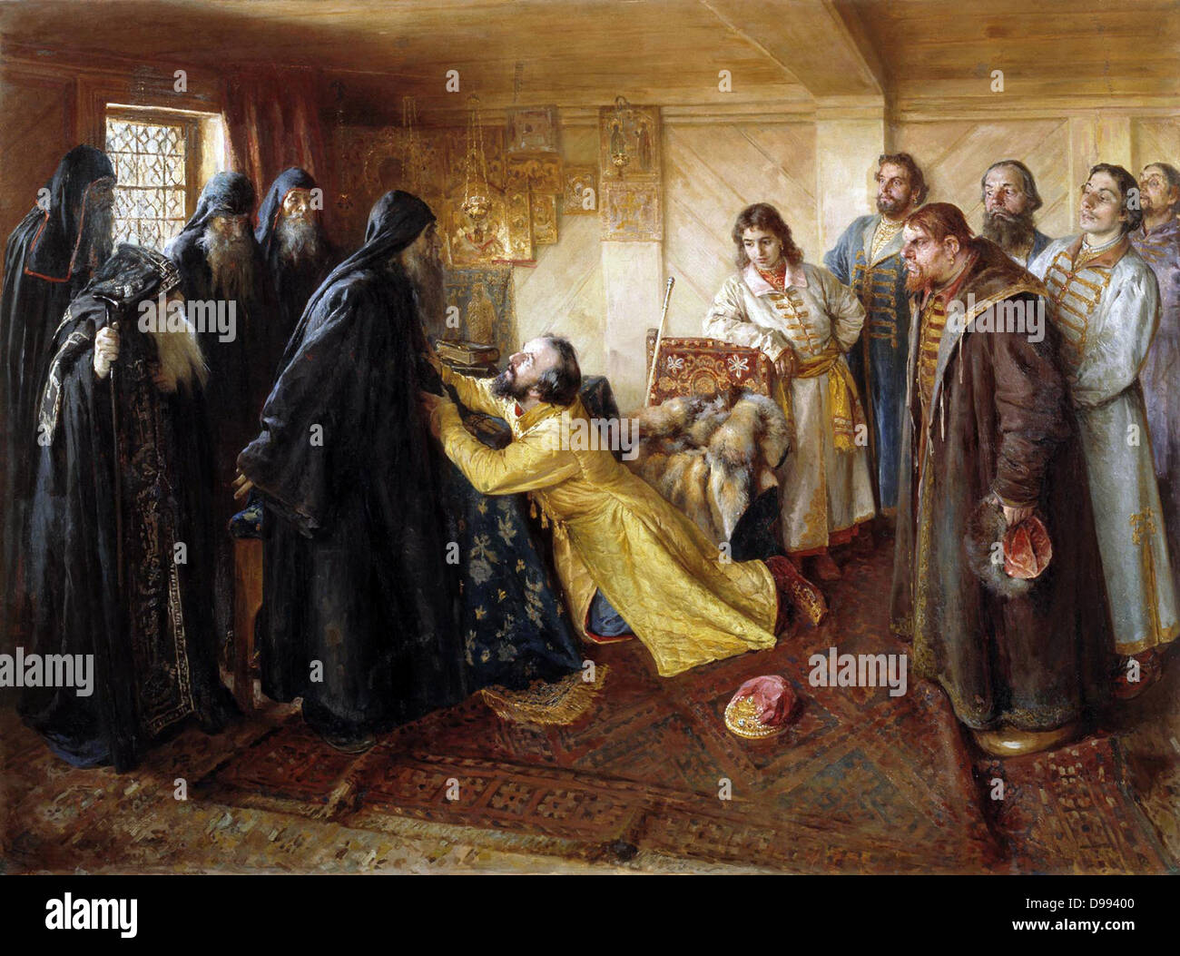 Ivan il pentimento: egli chiede un padre superiore del monastero Pskovo-Pechorsky per fargli assumere la tonsura al suo monastero. dipinto dall'artista russo Klavdiy Lebedev (1852 - 1916) Ivan IV di Russia (Ivan il Terribile),( 25, 1530, - 1584) è stato Tsar della Foto Stock