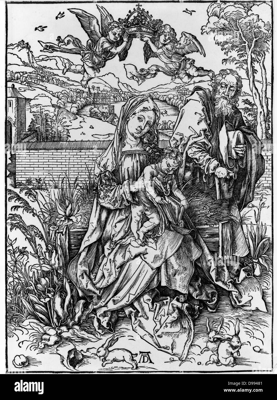 La Vergine con il bambino in possesso di un libro, di Albrecht Dürer, 1471-1528 artista tedesco. Pubblicato ca. 1498 Foto Stock