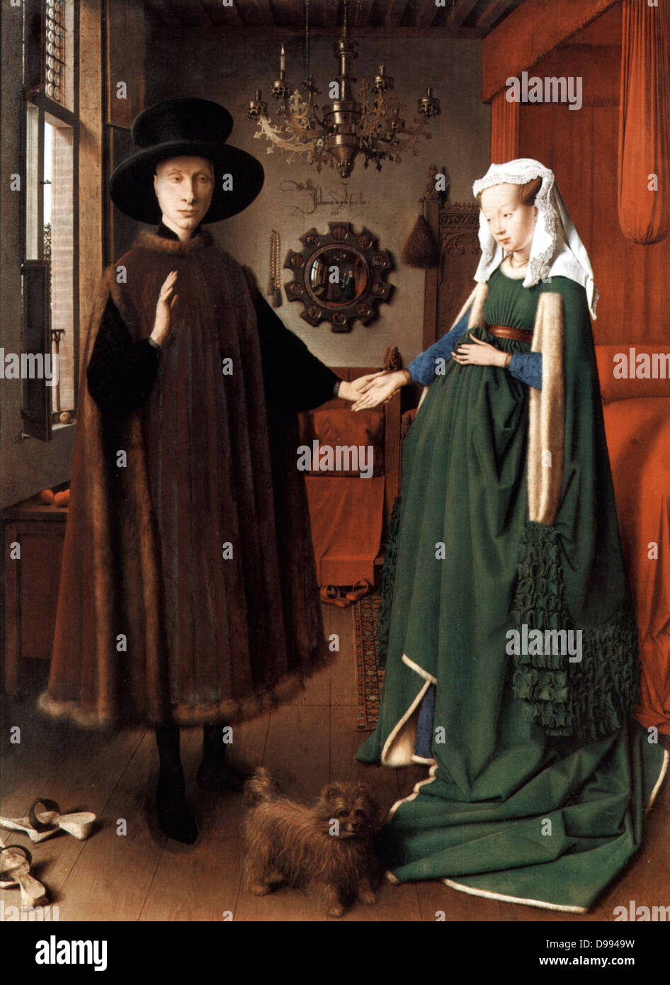 Jan van Eyck o Johannes de Eyck c. 1395 - 1441), pittore fiammingo attivo a Bruges e considerato uno dei migliori del nord europeo pittori del XV secolo. Dettaglio di uno specchio dal matrimonio Arnolfini. Foto Stock