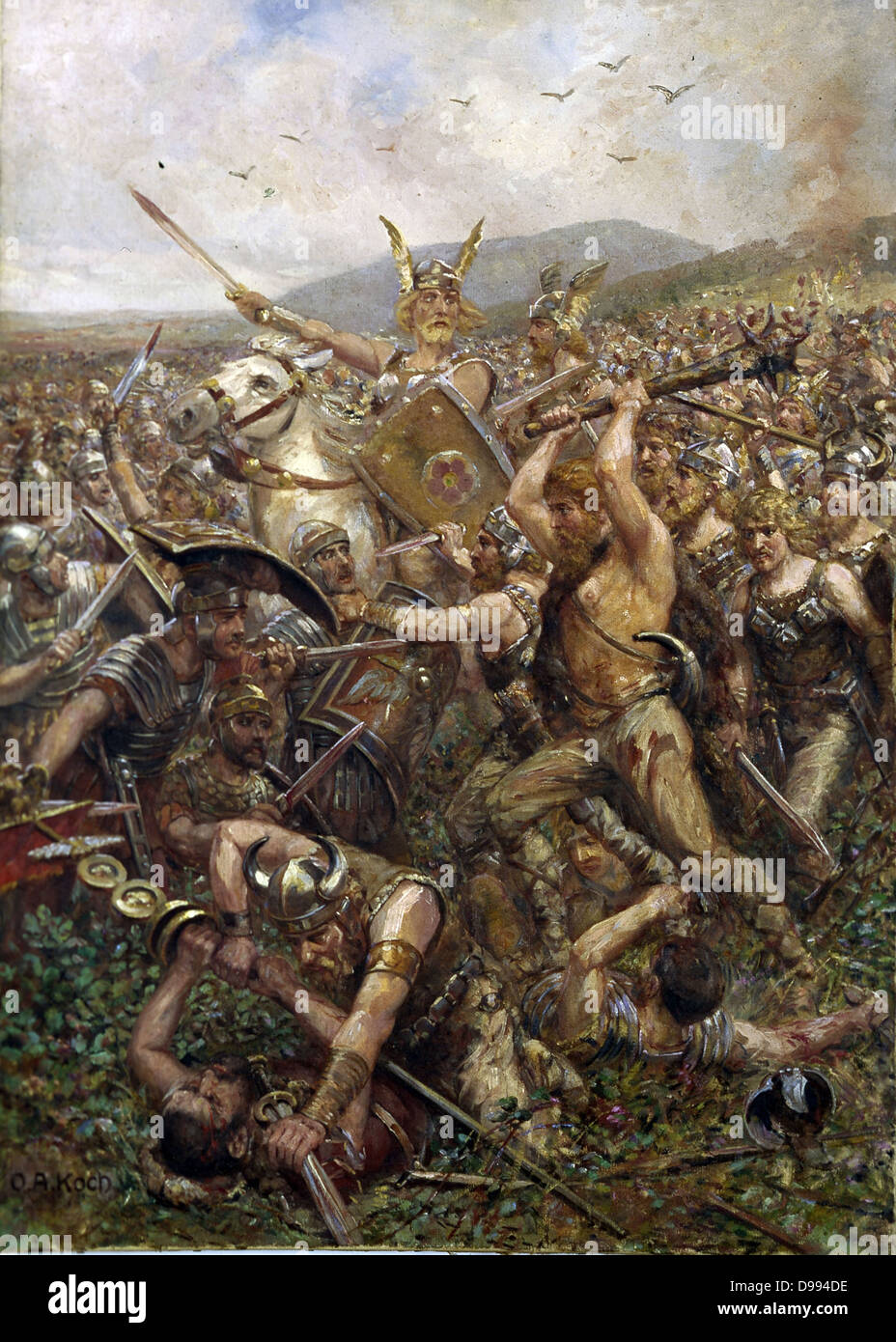 Otto Albert Koch (1866-1920), tedesco artista grafico. 1909 "la battaglia della foresta di Teutoburgo o la Battaglia di varismo' In 9 ANNUNCIO, varo erano stazionati i suoi eserciti nei pressi del fiume Weser con i suoi tre legioni, diciassettesimo, diciottesimo e diciannovesimo, quando la notizia è arrivata di una crescente rivolta nella zona del Reno a ovest. Foto Stock