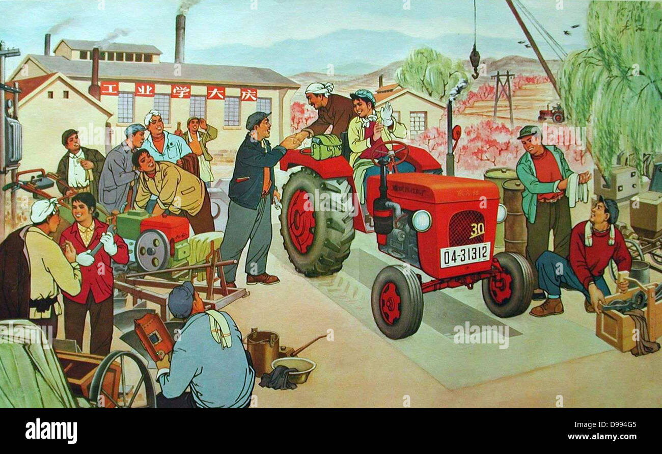 Politico cinese poster raffigurante un gruppo di agricoltori collettiva nella Cina comunista. Circa 1960 Foto Stock