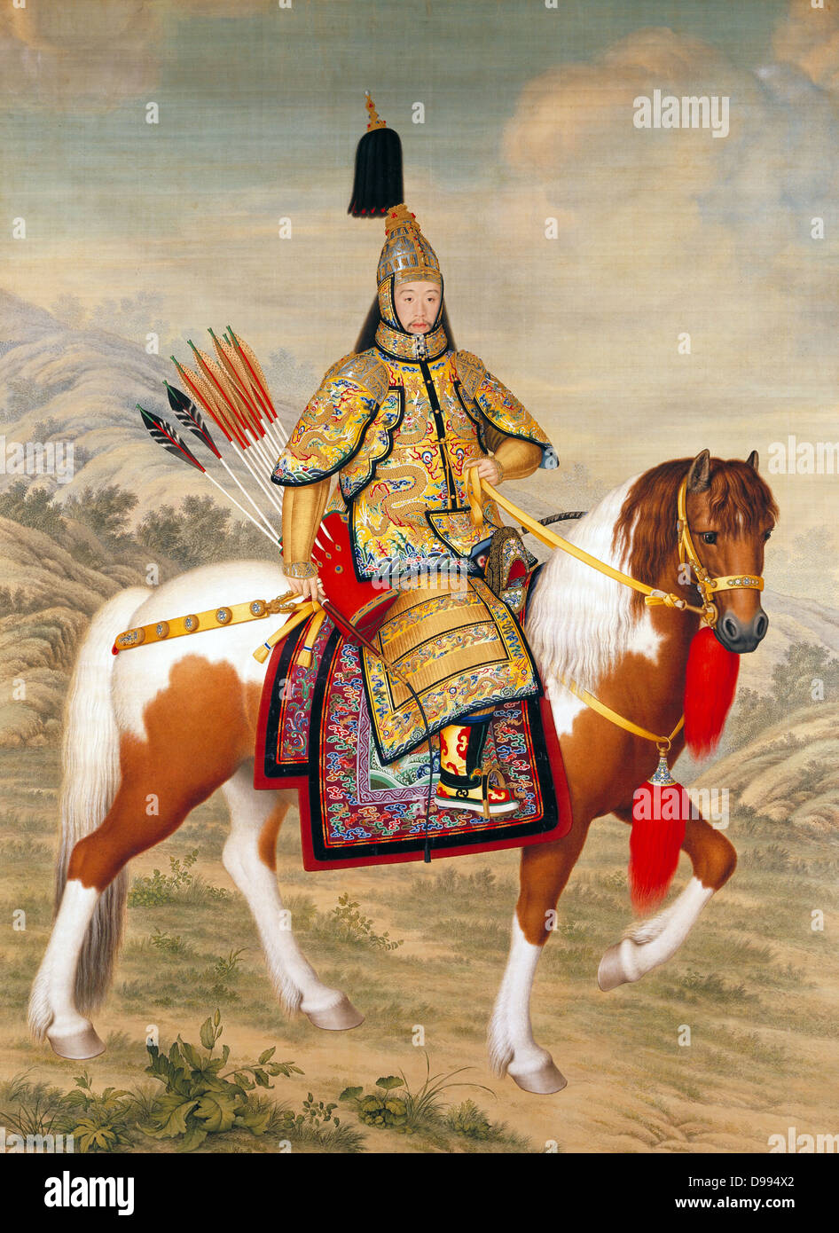 L'Imperatore Qianlong in armatura cerimoniale a cavallo' 1739 o 1758. Inchiostro e colore su seta. Giuseppe Castiglione (1688-1766) gesuita italiano, pittore di corte in Cina. Quinto imperatore dei mancesi-led dinastia Qing 1736-1795. Foto Stock