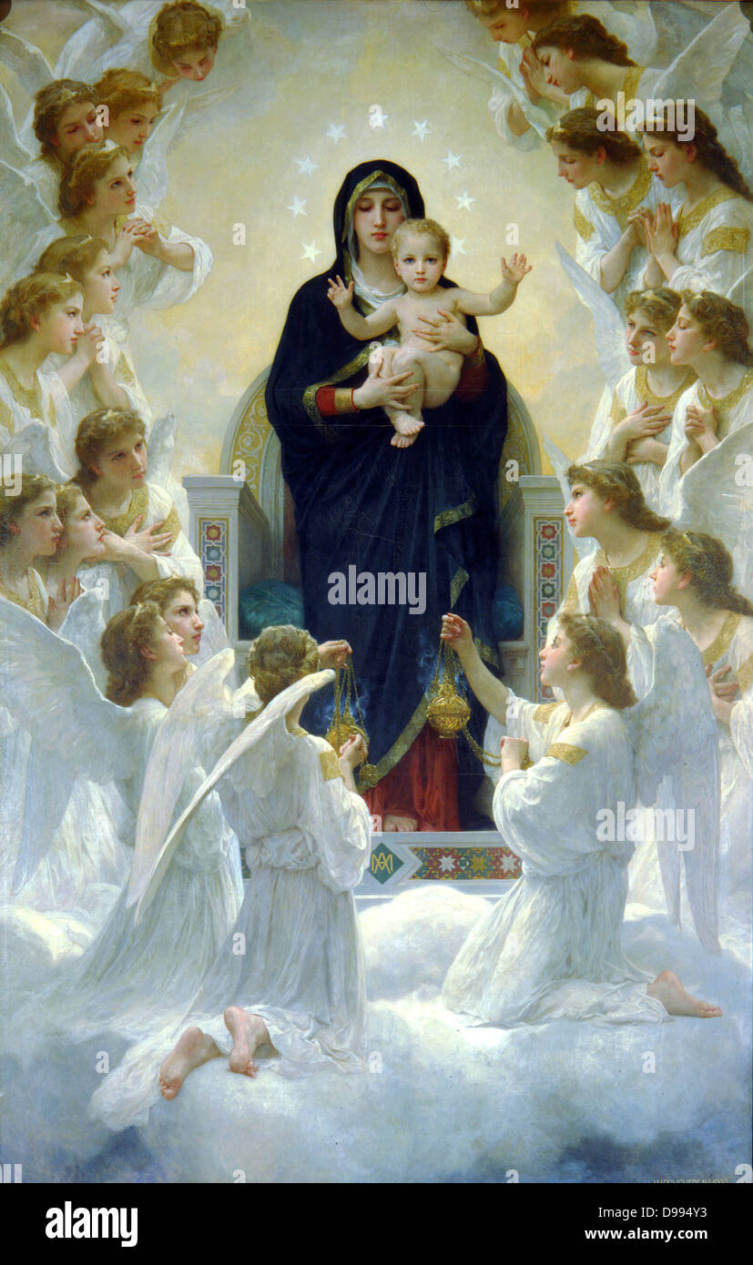 La vergine con gli angeli", 1900. William-Adolphe Bouguereau (1825-1905) francese pittore accademico. Vergine in trono, tenendo Gesù Bambino circondata da angeli adoranti. La Religione cristiana Foto Stock