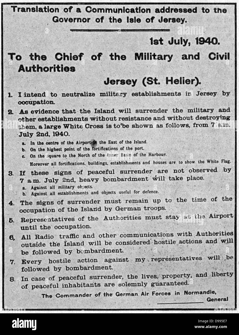 Isole del Canale, parte della Gran Bretagna, erano sotto il tedesco occupazione militare dal 30 giugno 1940 al 9 maggio 1945. Traduzione di comunicazione indirizzata al governatore di Jersey, 1 luglio 1940. Foto Stock