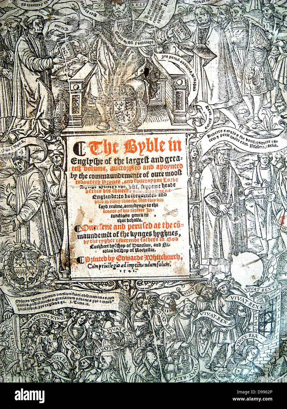 La grande Bibbia" 1541 Questo è il primo 'autorizzati la Bibbia"; Thomas Cromwell incoraggiati Henry VIII per avere la Bibbia in lingua inglese poste nelle Chiese di Inghilterra per tutti leggere; sulla pagina del titolo è la storia in immagini di come questa Bibbia è stata prodotta Foto Stock