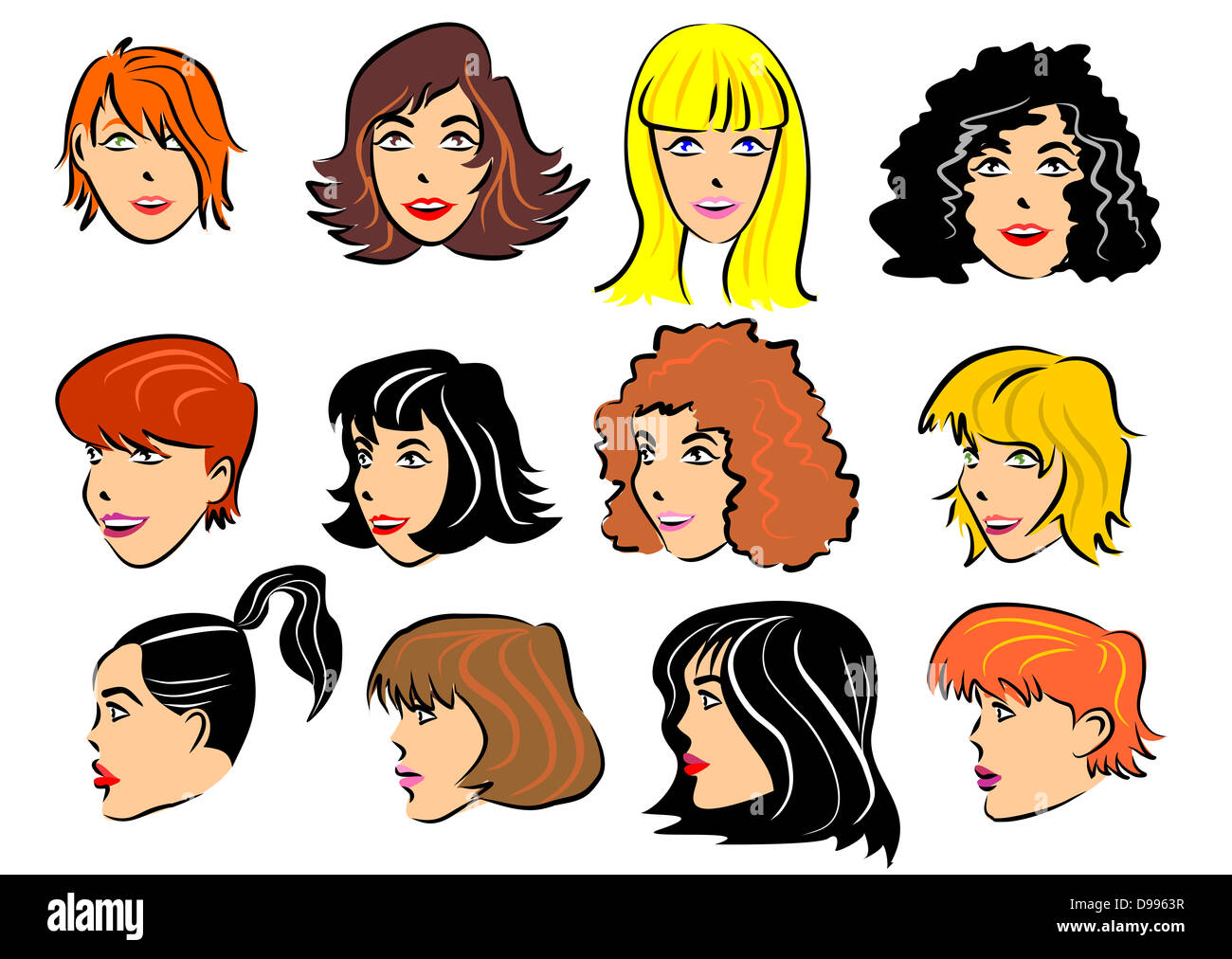 Facce di donne con diverse acconciature e i colori dei capelli Foto Stock