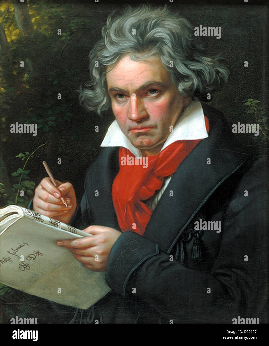 Ludwig van Beethoven (16 dicembre 1770- 26 marzo 1827) era un compositore tedesco e il pianista. Egli è stato una figura fondamentale nel periodo transitorio tra la classica e romantica epoche la musica classica occidentale e rimane uno dei più acclamati e influenti compositori di tutti i tempi. Ritratto di Beethoven in 1818 da agosto Klöber Foto Stock