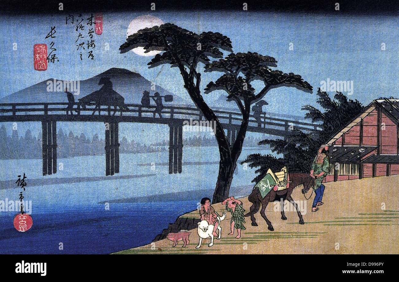 Utagawa Hiroshige 1797 - 1858) artista giapponese,, 'man a cavallo attraversando un ponte". Da Hiroshige la serie di sessanta nove stazioni del Kisokaido (1834-1842), Foto Stock