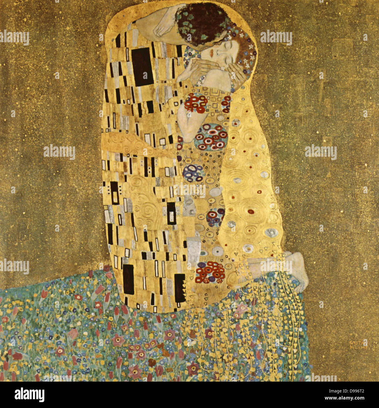 Gustav Klimt 1862 - 1918. 'L'Kis' è stato dipinto da Gustav Klimt, e probabilmente è la sua opera più famosa. Ha iniziato a lavorare su di essa nel 1907 ed è il culmine del suo cosiddetto "periodo d'Oro". Esso raffigura un giovane, in varie sfumature di oro e simboli, condividendo un bacio contro un sfondo di bronzo. Foto Stock