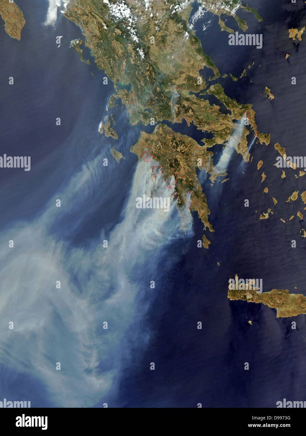 Gli incendi sulla Grecia nell'estate del 2008. Immagine satellitare. Foto Stock