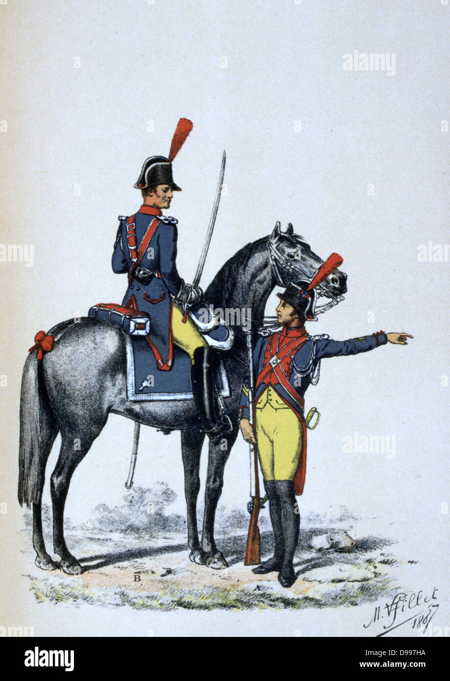 Non ufficiale incaricato, montato e Gendarme lst classe di Parigi Guardia Imperiale, 1813. "Histoire des corps de troupes de la Ville de Paris", 1887. Francia, Ordine, Guardia nazionale, uniforme, Chromolithograph Foto Stock