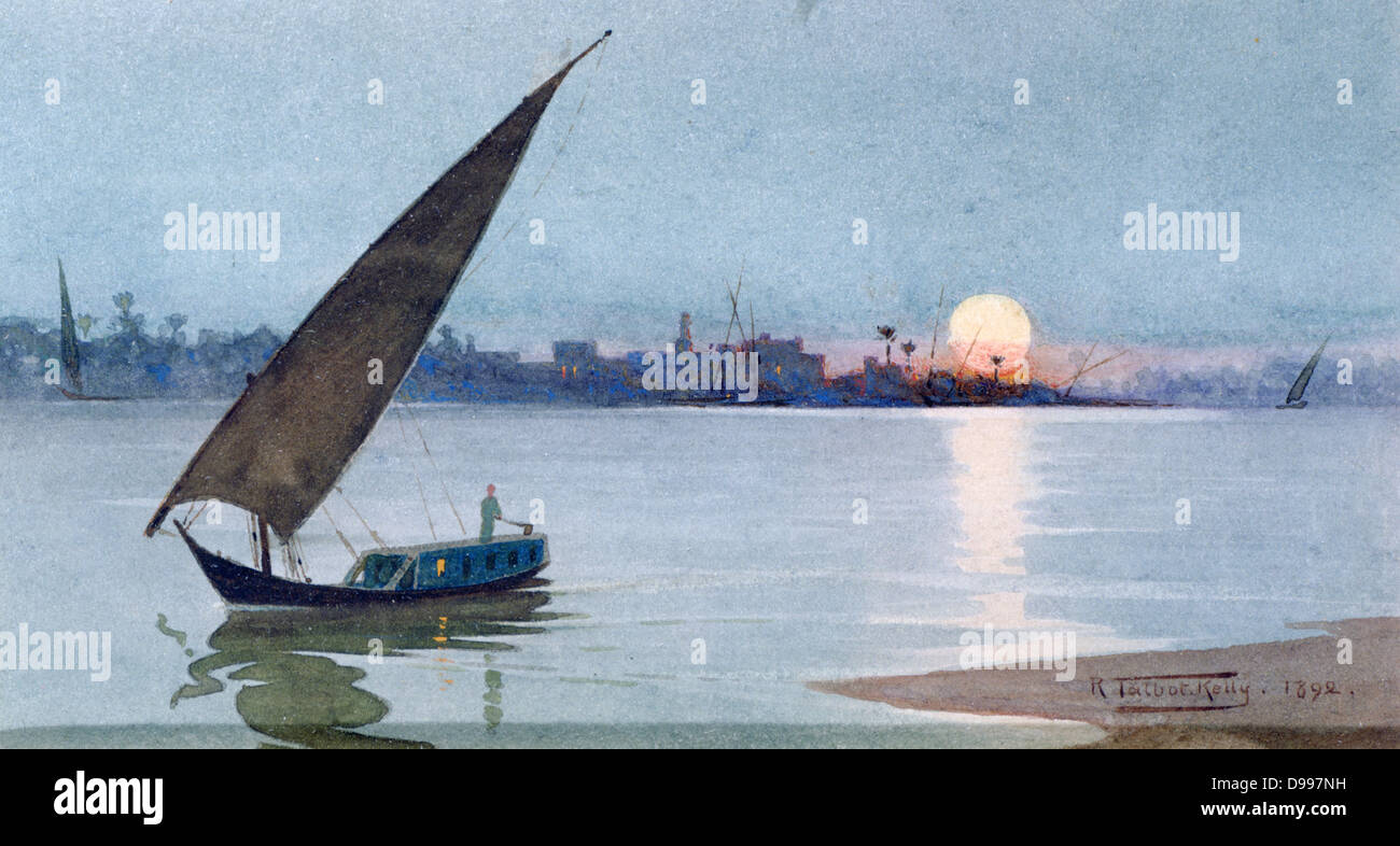 Lago orientale, Egitto", 1892. Acquerello. Robert Talbot-Kelly (1861-1934) inglese paesaggio orientalista pittore. Casa galleggiante sull'acqua al tramonto con il profilo della città. Foto Stock