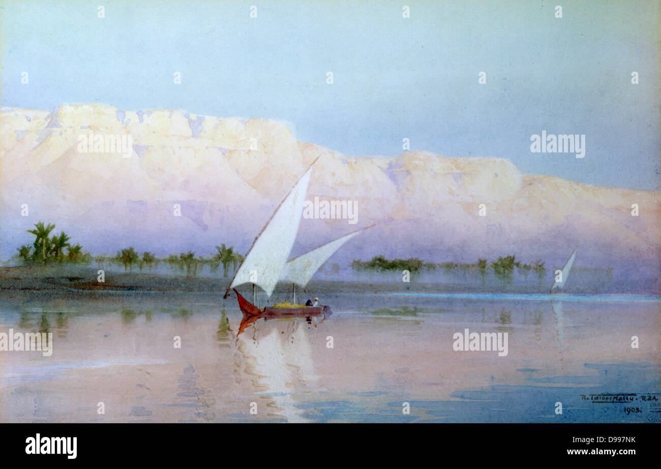 Sul Nilo', 1903 acquerello. Robert Talbot-Kelly (1861-1934) inglese paesaggio orientalista pittore. Dhow navigando sul fiume. In fondo sono alte scogliere con frangia di palme ai loro piedi. Egitto Foto Stock