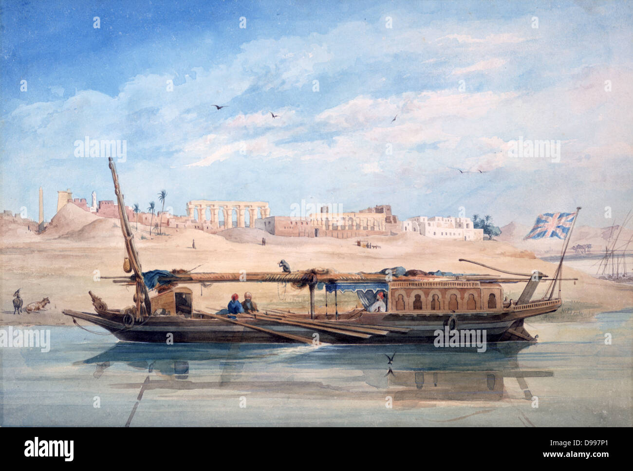 Un Kanja sul Nilo a Luxor con il Tempio di Luxor dietro", 1838-1843. Acquerello. Achille-Constant Prisse d'Avennes (1807-1809) architetto francese. Egitto fiume remi in barca Foto Stock