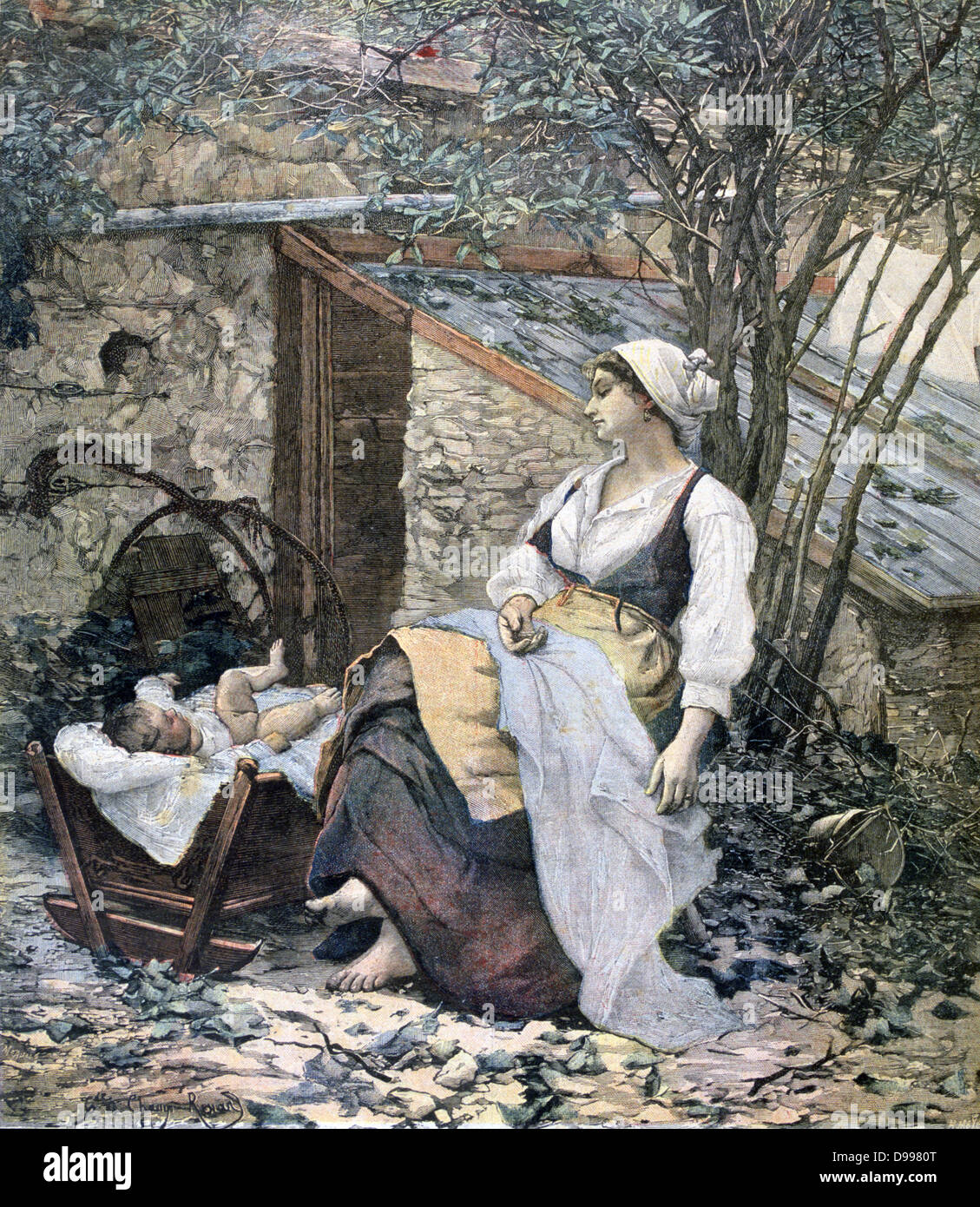 Giovane madre seduta in un angolo di un giardino a guardare il suo bambino nella sua culla. Da "Le Petit Journal', Parigi, 17 gennaio 1891. La Francia, la maternità, sentimentale, contadino Foto Stock