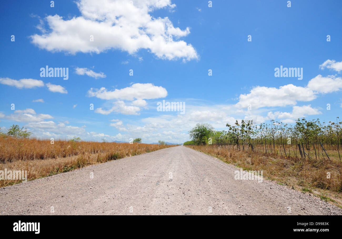 Paese solitario strada sterrata con un bel cielo azzurro e bianco puffy nuvole Foto Stock