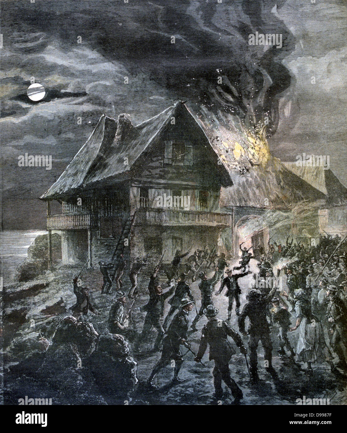 Disordini civili sull Isola di Sark, Isole del Canale. Impostazione Mob fuoco a una casa. Da "Le Petit Journal', Parigi, 28 maggio 1892. Foto Stock