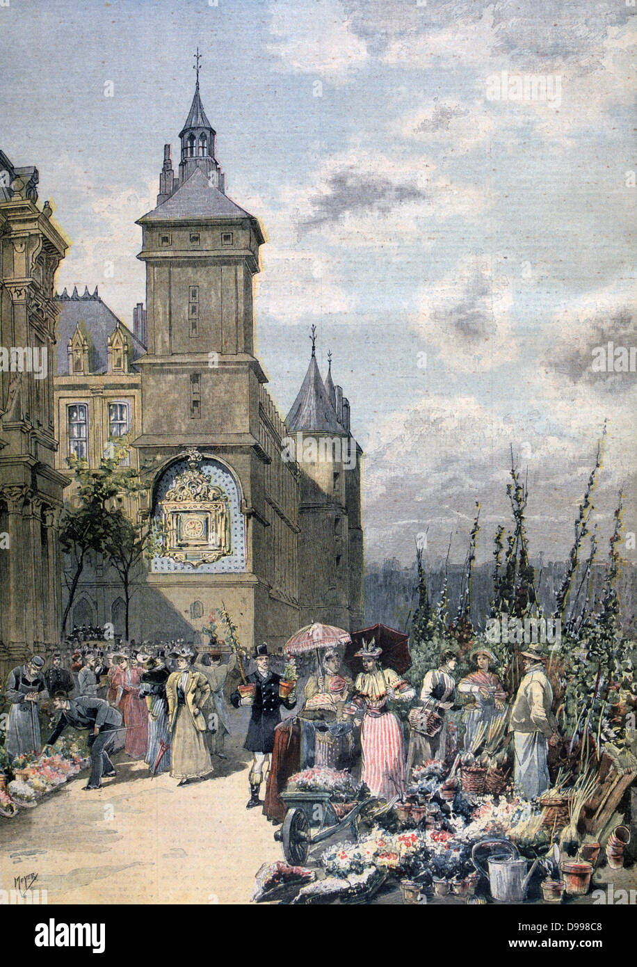 Il mercato dei fiori dal Palais de Justice, Ile de la Cite, Parigi. Da "Le Petit Journal', Parigi, 15 aprile 1893. Francia, commercio, Foto Stock