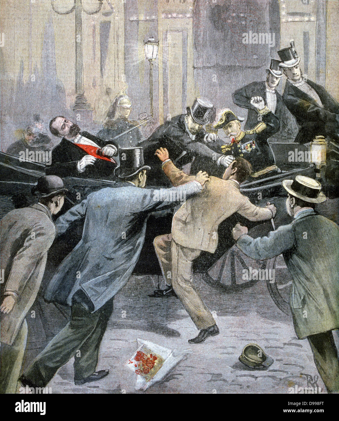 Assassinio del presidente francese Sadi Carnot dall'Anarchica Italiana Santo Caserio a Lione, 24 giugno 1894. Da "Le Petit Journal', Parigi, 2 luglio 1894. Francia, omicidio Foto Stock