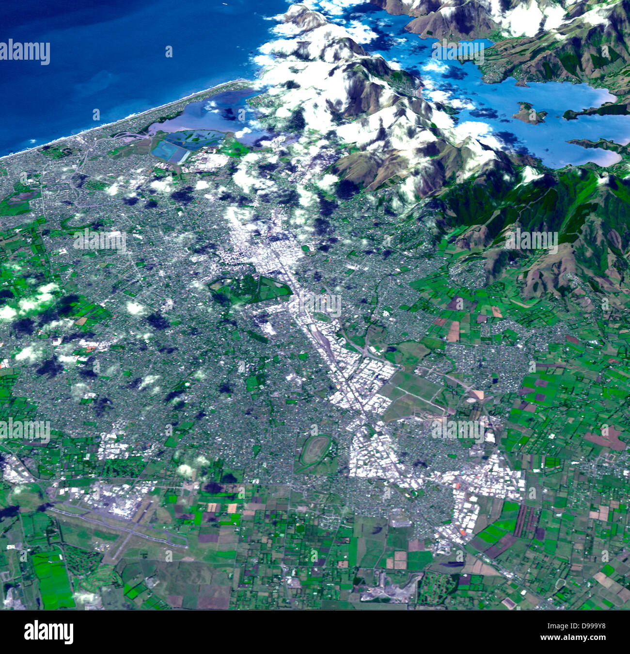 A 12:51 p.m. ora locale il 22 febbraio, 2011, l'Isola Sud della Nuova Zelanda è stato scosso da un potente grandezza 6.3 terremoto. Centrata nei pressi di Christchurch. Dal 23 febbraio, 2011. Immagine satellitare. Foto Stock