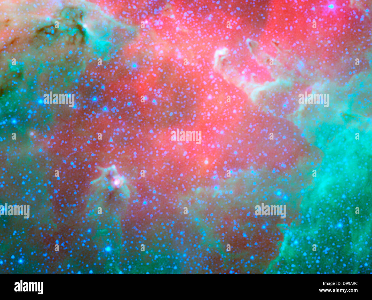 La Eagle nebula, operosa stella fabbrica trova 7.000 anni-luce di distanza nella costellazione Serpens. L'immagine mostra la regione intera rete turbolento di nuvole e stelle neonate in luce a infrarossi. Telescopio Spaziale Hubble (HST),telescopio spaziale Spitzer. Foto Stock