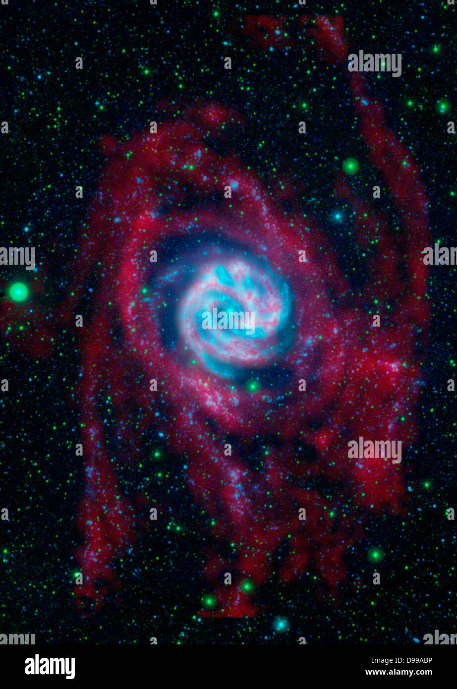 Le regioni periferiche in tutto il sud della girandola galaxy, o M83, sono evidenziate in questa immagine composita dalla NASA il Galaxy Evolution Explorer Foto Stock