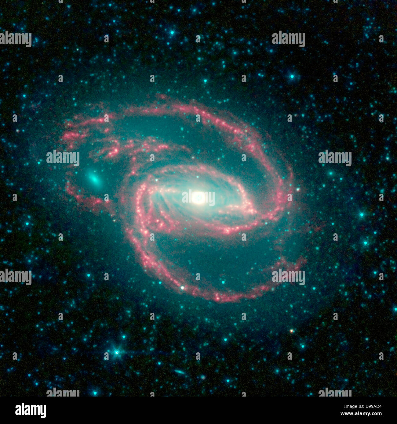 La galassia, chiamato NGC 1097, si trova a 50 milioni di anni luce di distanza. Essa è conformata a spirale come la nostra Via Lattea, con lunghi bracci spindly di stelle. Il 'occhio' al centro della galassia è un buco nero circondato da una corona di stelle. Spitzer. Foto Stock