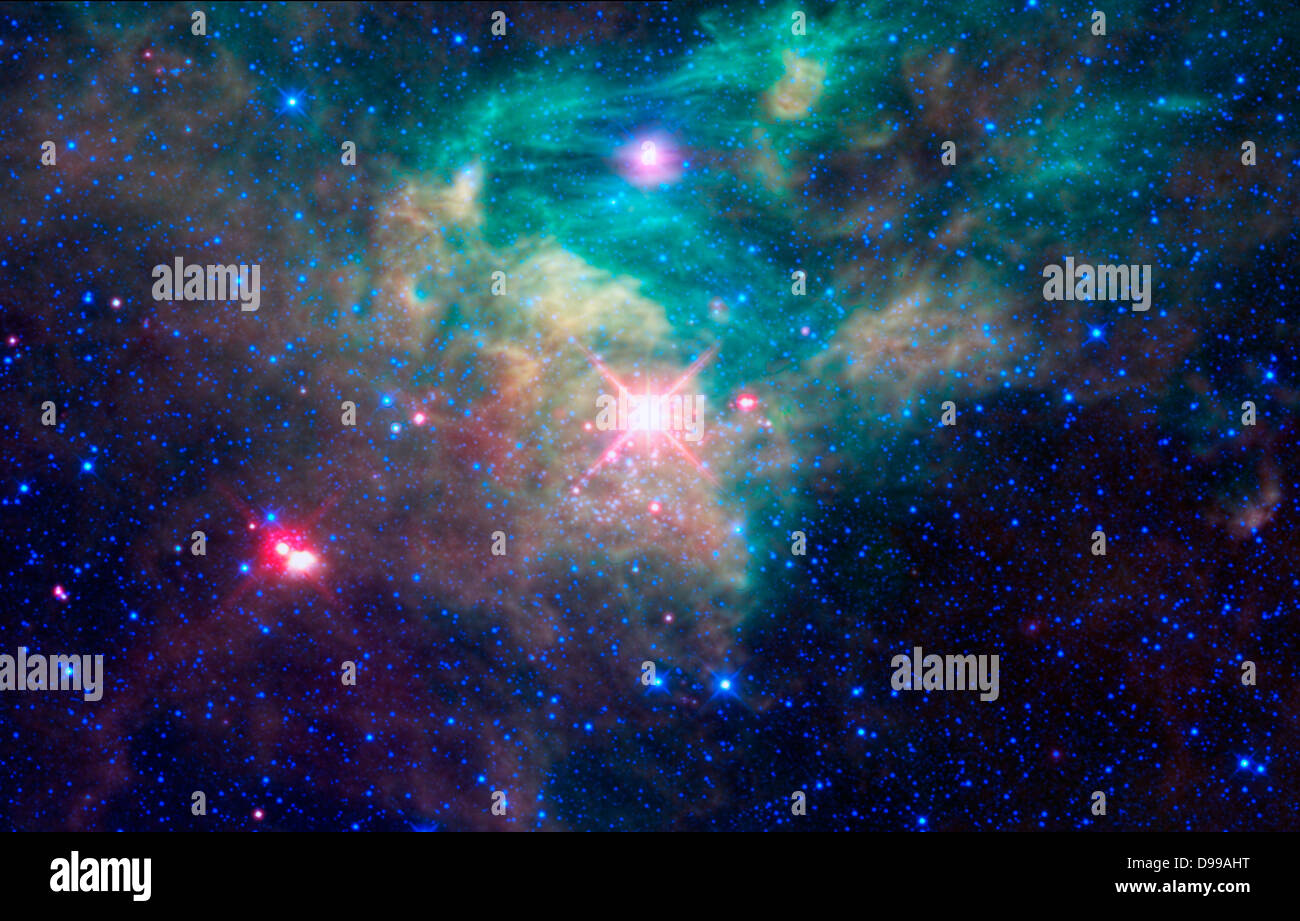 NASA il saggio ha visto un cluster di neonato stelle racchiuso in un bozzolo di polvere e gas nella costellazione Camelopardalis. Il cluster, AFGL 490, è nascosto dalla vista in luce visibile tramite il cloud computing Foto Stock