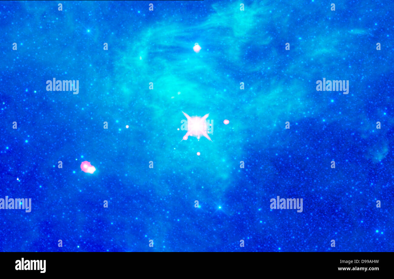 NASA il saggio ha visto un cluster di neonato stelle racchiuso in un bozzolo di polvere e gas nella costellazione Camelopardalis. Il cluster, AFGL 490, è nascosto dalla vista in luce visibile tramite il cloud computing Foto Stock