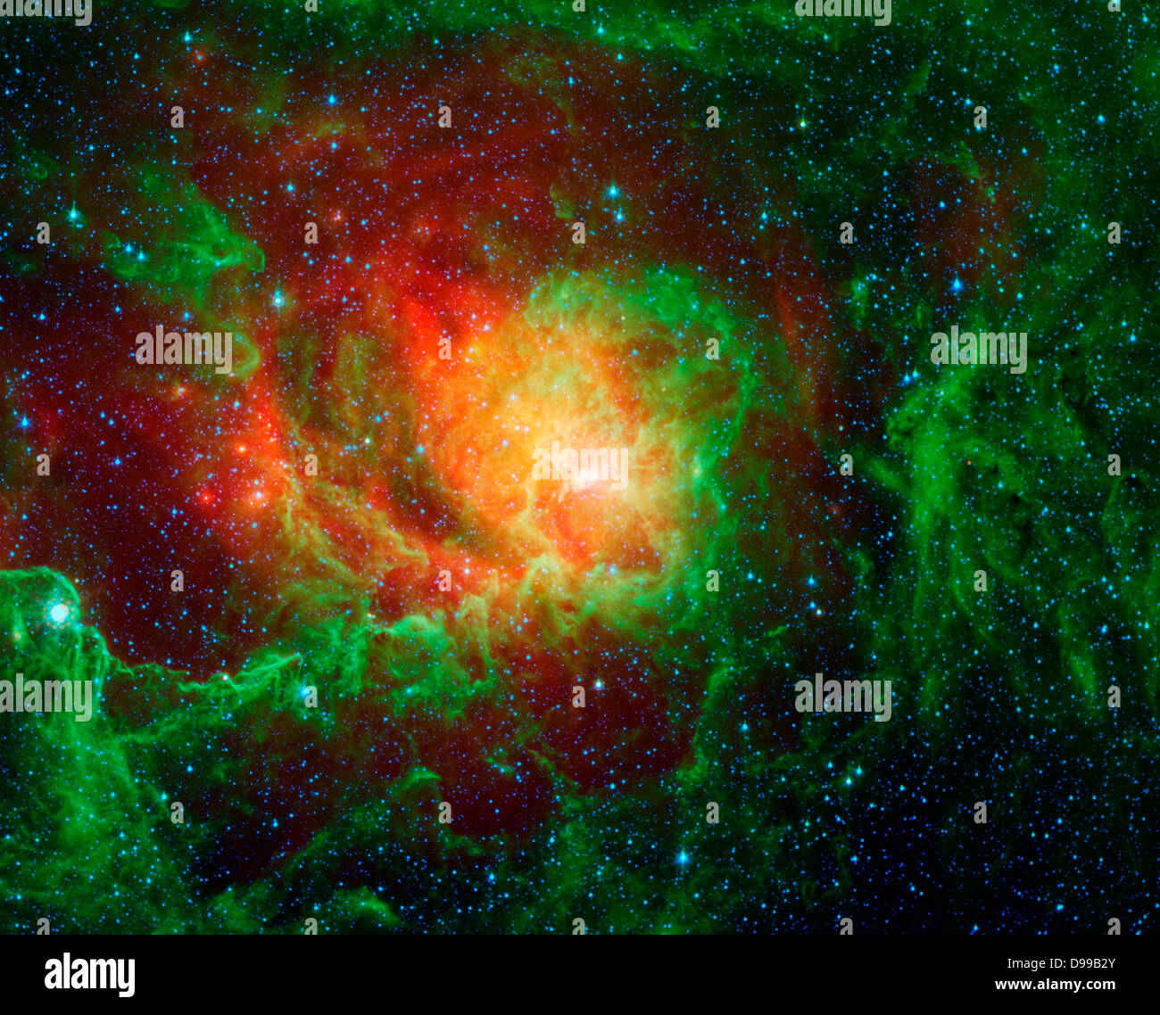 Moto vorticoso nubi di polvere e luminose stelle neonate dominano la vista in questa immagine della nebulosa laguna dalla NASA il telescopio spaziale Spitzer. Noto anche come Messier 8 e NGC 6523, gli astronomi stimano che per essere tra 4000 e 6000 anni luce di distanza, giacente nella direzione generale del centro della nostra galassia nella costellazione del Sagittario. Foto Stock