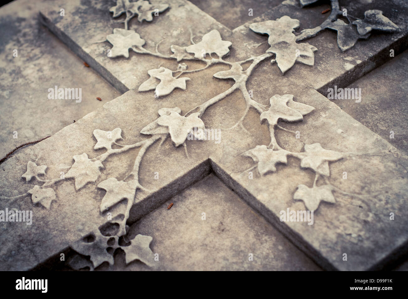 Una croce di pietra con foglie di vite su una lastra tombale al Cimitero degli Inglesi, Firenze, Italia Foto Stock