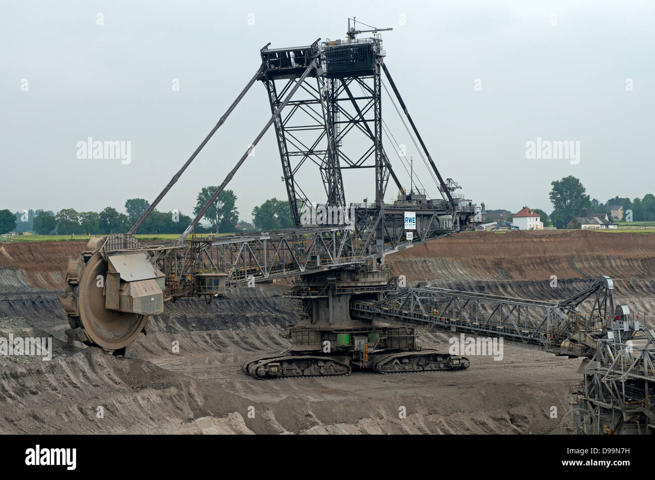 A cielo aperto della miniera di rivestimento con il villaggio di Pier in background, Germania. Foto Stock