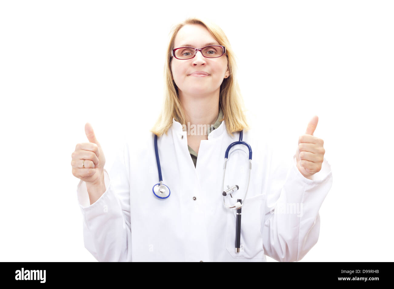 Donna sorridente medico mostrando pollice in alto Foto Stock