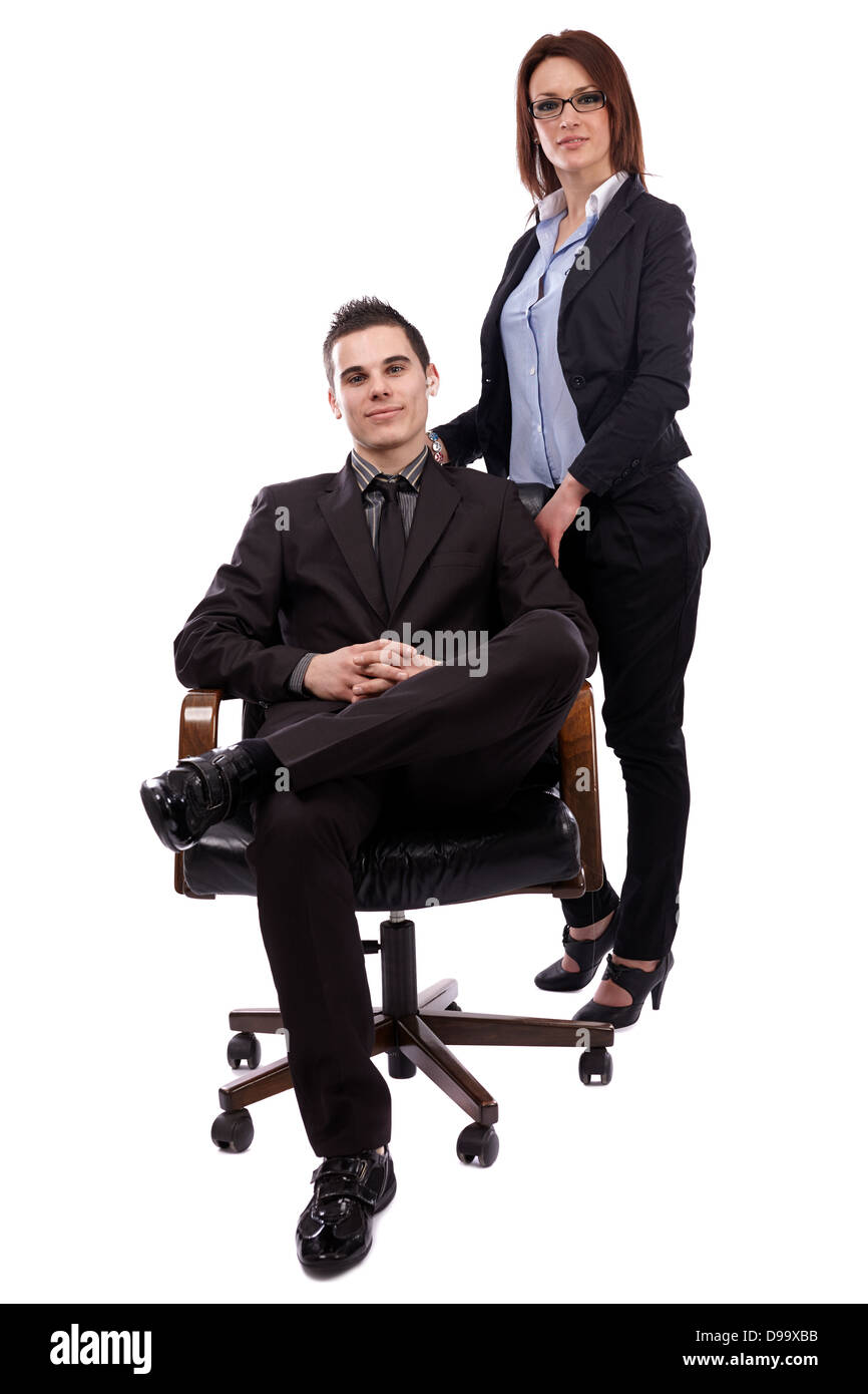 Business uomo e donna, colleghi o partner, isolati su sfondo bianco. Concetto di lavoro di squadra Foto Stock