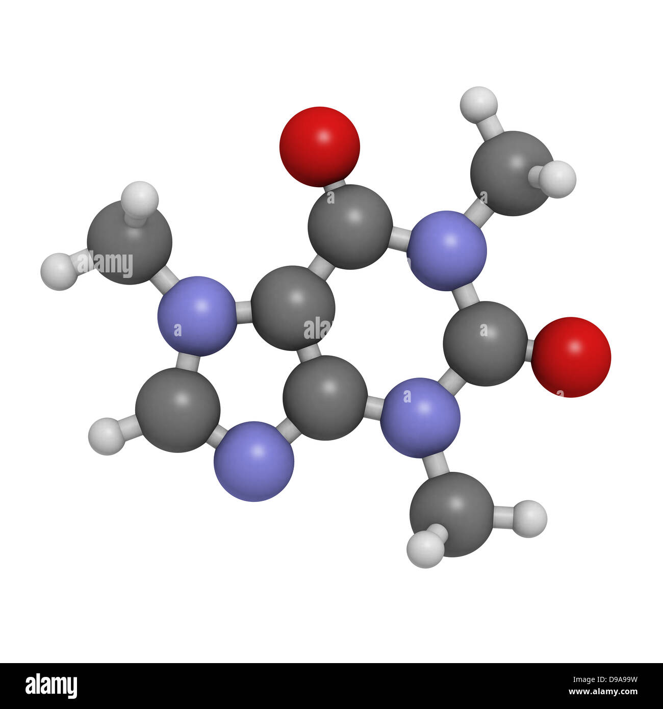 La caffeina, modello molecolare. Gli atomi sono rappresentati come sfere convenzionale con codifica a colori Foto Stock