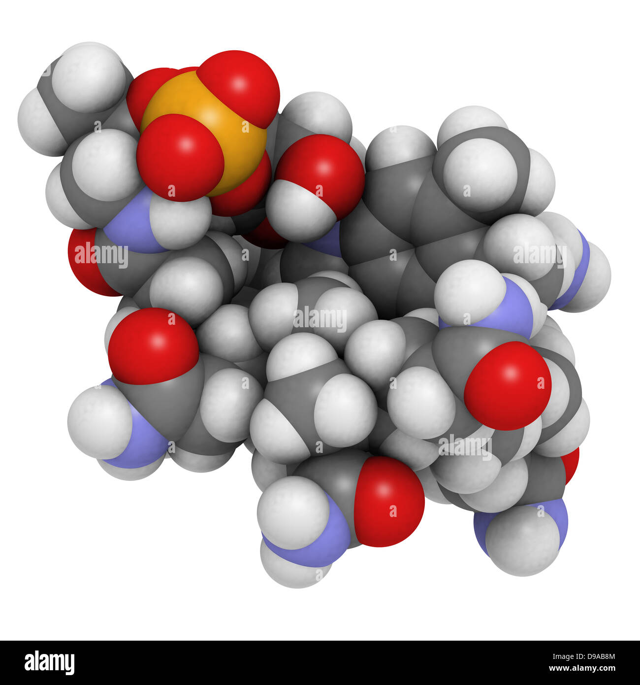 La vitamina B12 (cianocobalamina), modello molecolare. Gli atomi sono rappresentati come sfere convenzionale con codifica a colori Foto Stock
