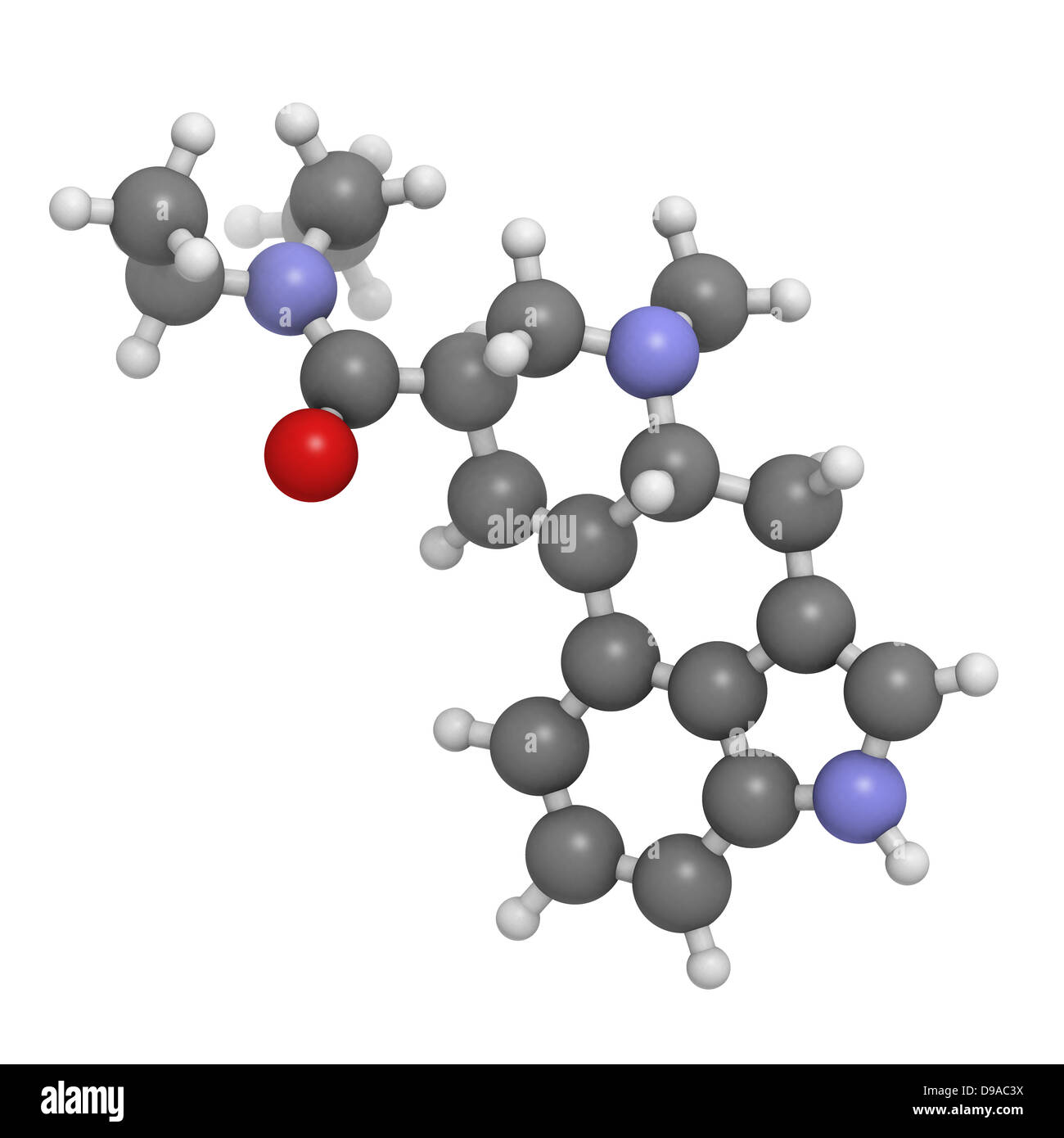 Acido lisergico dietilammide (LSD) allucinogeni, modello molecolare. Gli atomi sono rappresentati come sfere con colore convenzionale Foto Stock