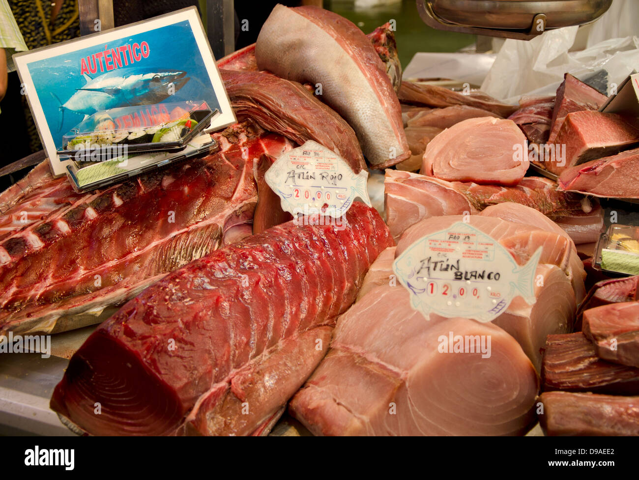 Bianco e scuro di tonno al Mercado Central de Abastos, coperto Mercato del pesce fresco di Jerez de la Frontera, Andalusia, Spagna. Foto Stock