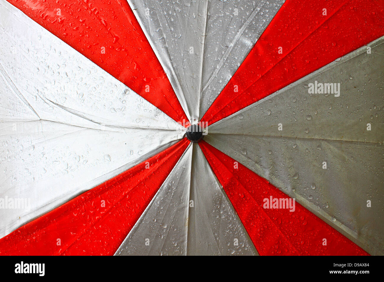 Gocce di acqua di pioggia su l'ombrello. Foto Stock