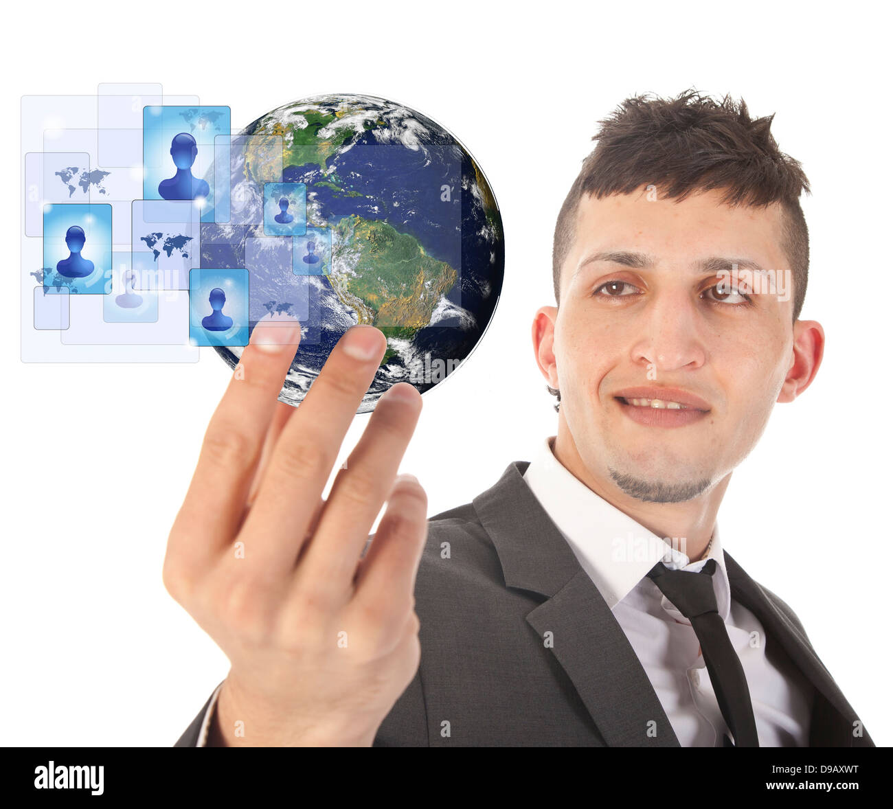 Giovane uomo con messa a terra con i social media simboli isolati su bianco. Gli elementi di questa immagine sono arredate dalla NASA Foto Stock