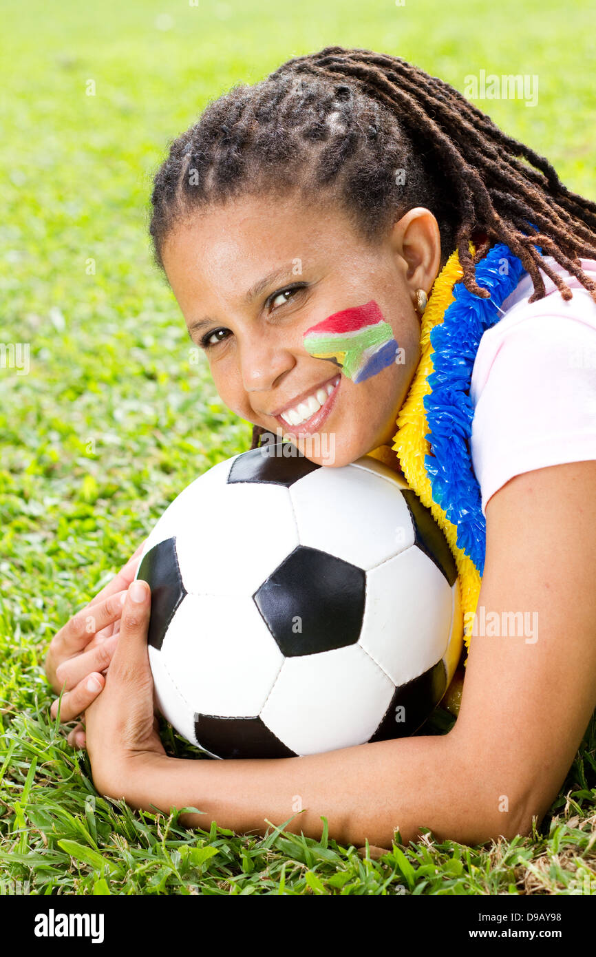 Femmina South African tifoso di calcio Foto Stock