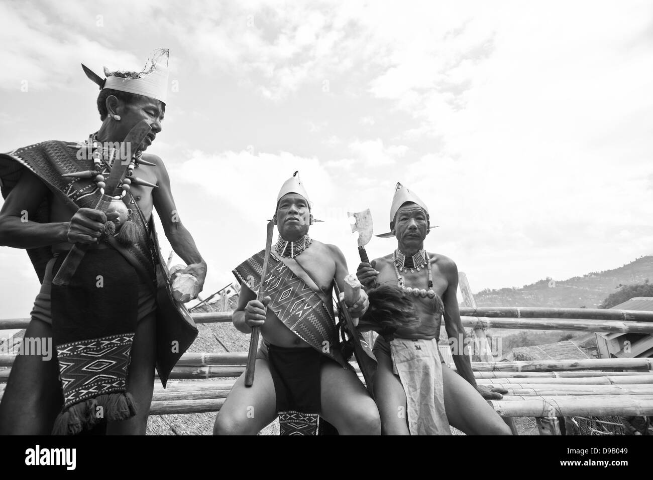 Naga guerrieri tribali in abito tradizionale azienda armi, Hornbill Festival, Kohima, Nagaland, India Foto Stock