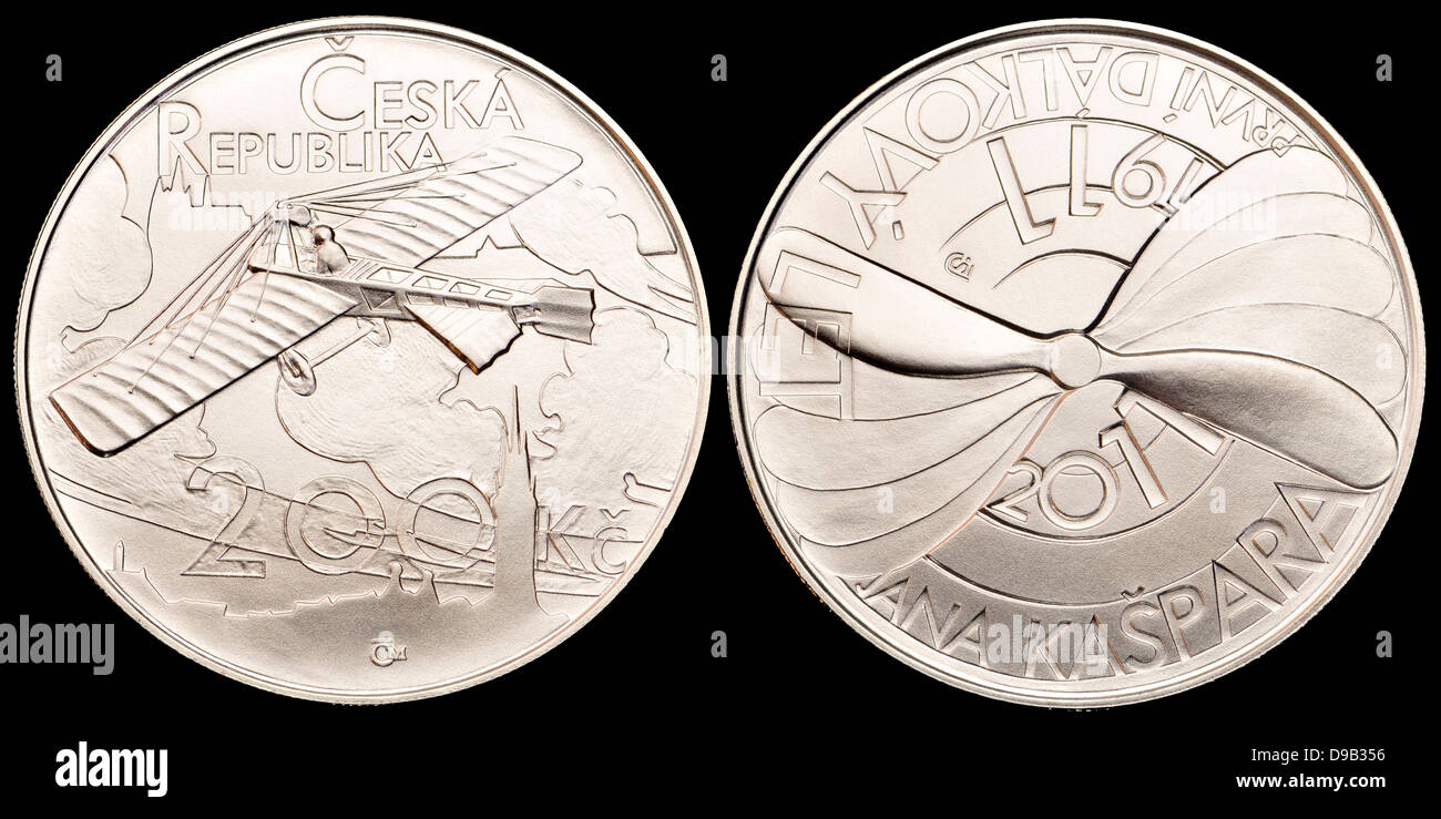 200Kc argento moneta commemorativa dalla Repubblica ceca. Centenario del volo da Pardubice a Praga da Jan Kašpar Foto Stock