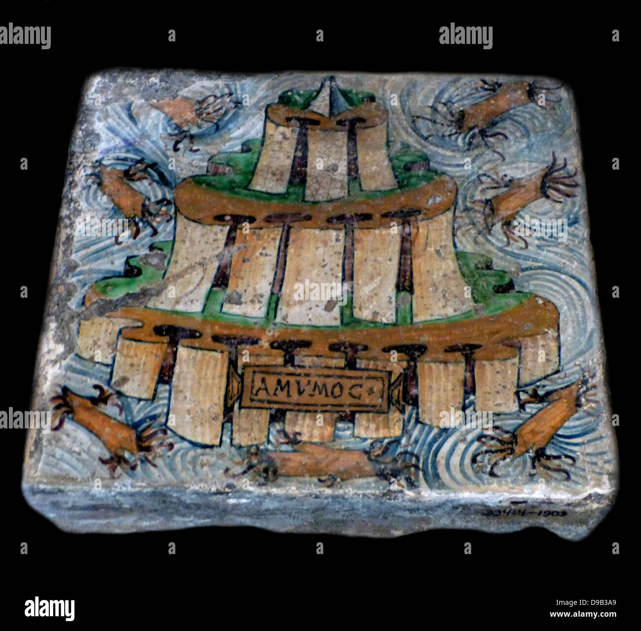 Piastrelle per pavimento 1492-4 eventualmente dalla bottega di Antonio dei Fidelli (d 1508). Le piastrelle possono essere state tra quelle previste a Isabella d'Este lo studio per interrompere la nidificazione di topi sotto le assi del pavimento. Le piastrelle sono mottoes e gli emblemi relativi alla famiglia Gonzaga. Foto Stock