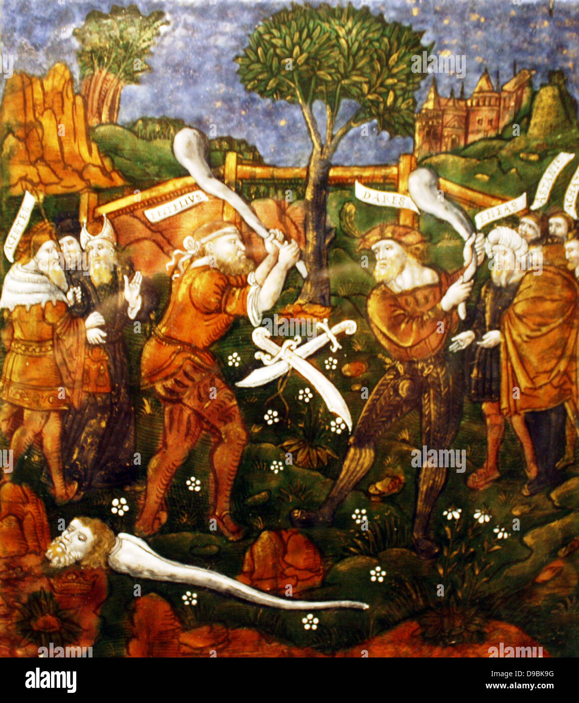 La placca : Turnus travolti dalla Trojan, attraversa il fiume per tornare ai suoi compagni. Eneide, Libro IX, Limoges, circa 1533-35. Foto Stock