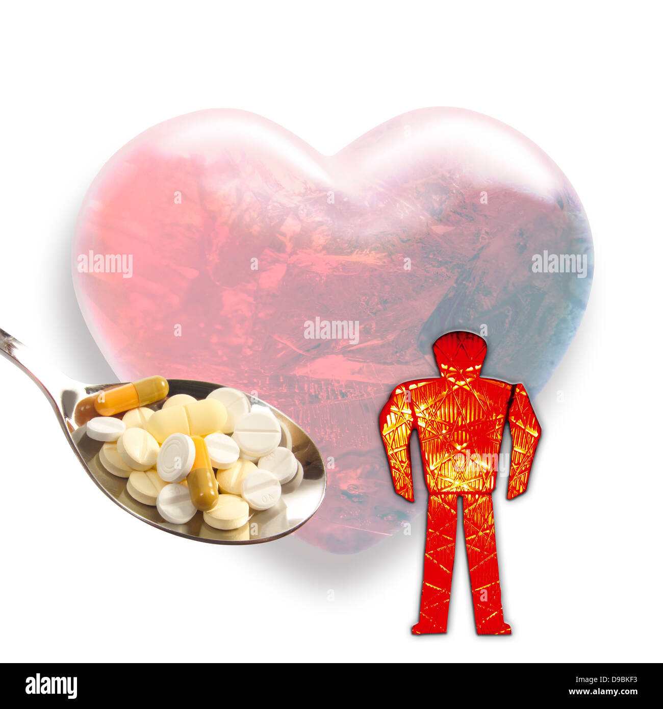 Forma di cuore con figurine e cucchiaio di compresse in primo piano ravvicinato Foto Stock