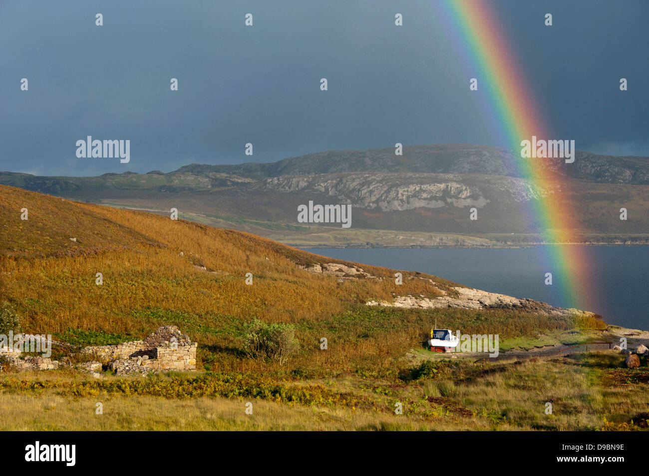 Rainbow, paesaggio, Portnancon, Loch Eriboll, Highland Scozia, Gran Bretagna, Europa , Landschaft Bei Portnancon mit Regenbog Foto Stock