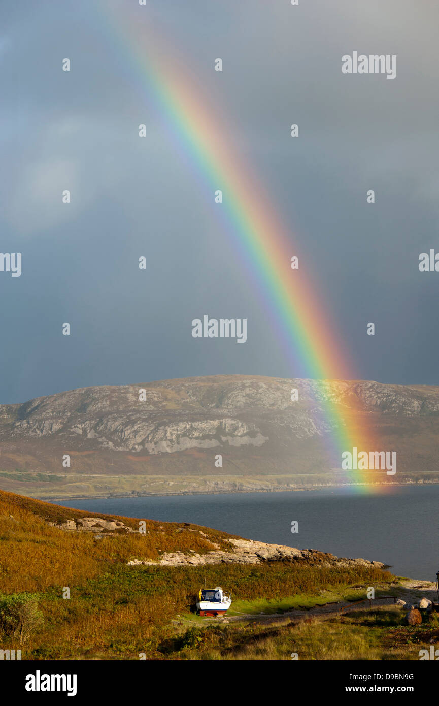 Rainbow, paesaggio, Portnancon, Loch Eriboll, Highland Scozia, Gran Bretagna, Europa , Landschaft Bei Portnancon mit Regenbog Foto Stock